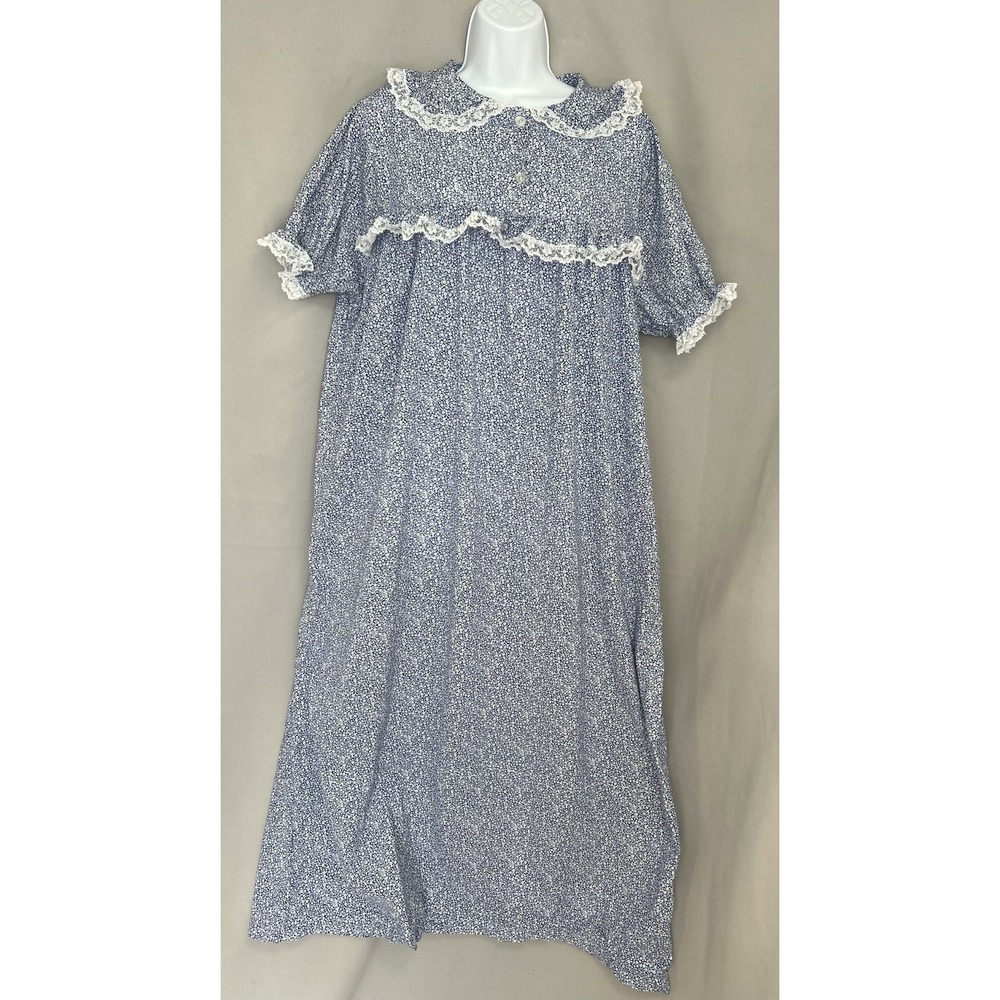 Vermont Country Store Floral Maxi- Nightgown House Dress Sz Large Blue white USA